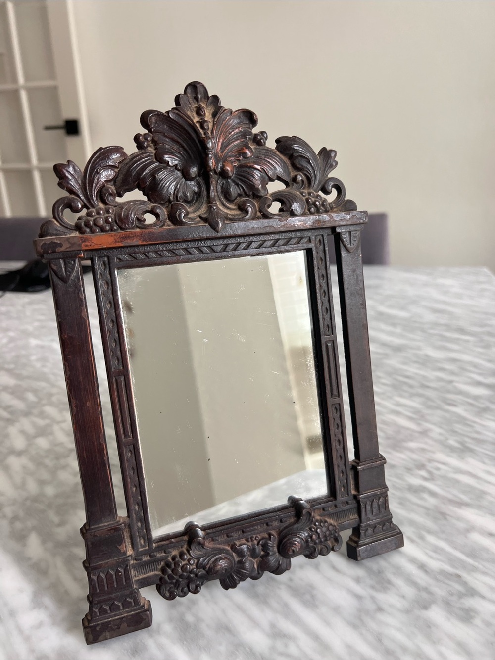 Ornate Cast Iron Standing Mirror - Dark Brown